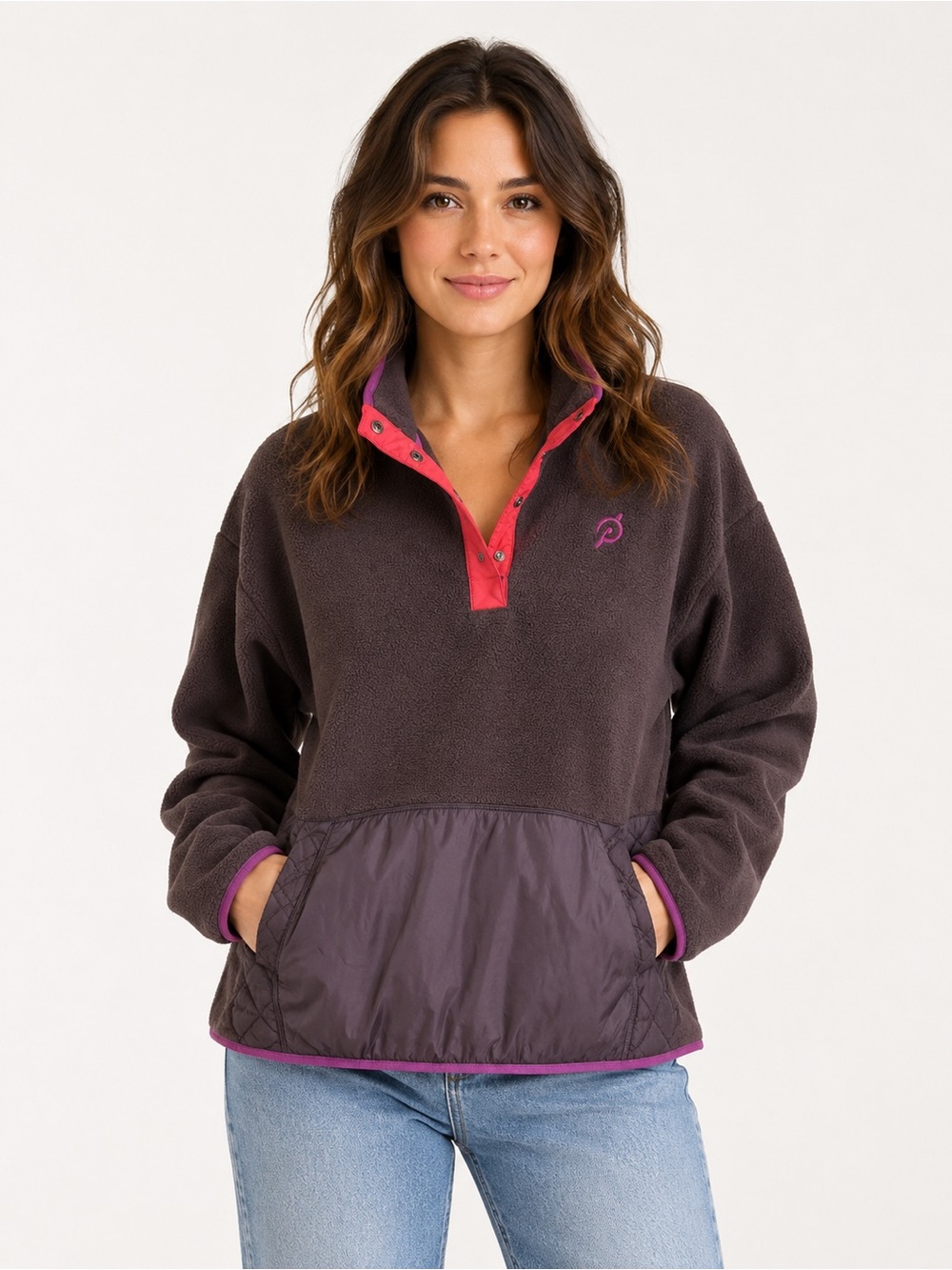 Peloton Fleece Snap Pullover - Dark brown with Pink Accents
